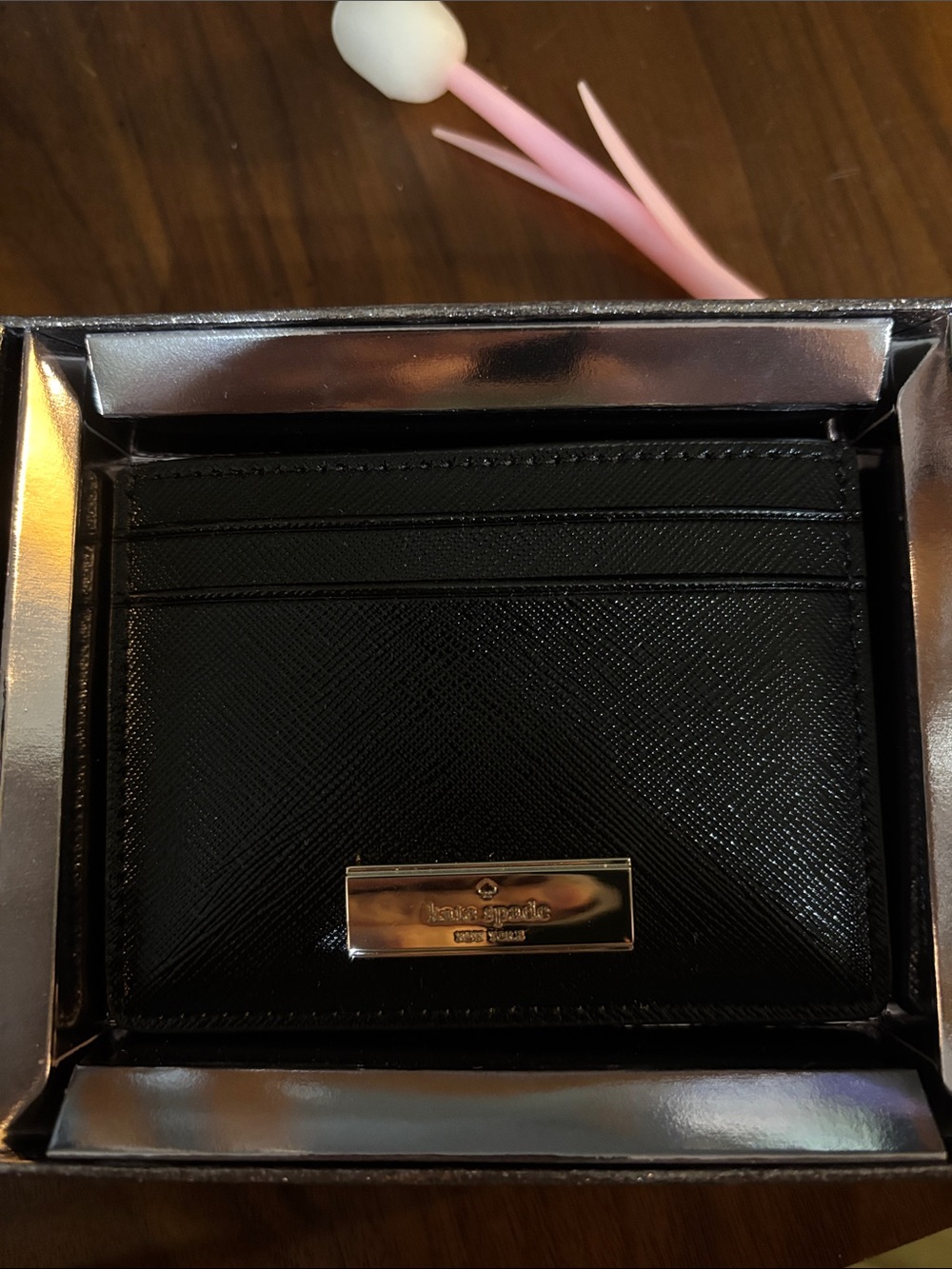 kate spade black saffiano card case with silver plaque with box